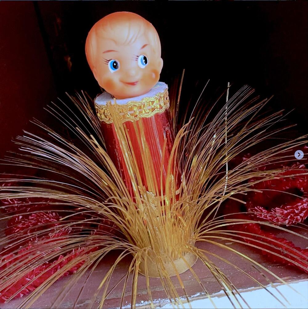 Vintage Christmas Elf Pixie Tree Topper Tinsel Spray Rubber Face Japan Unused